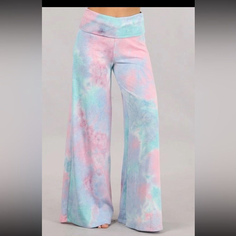 Chatoyant Aqua Pink Blue Tie Dye Palazzo Wide Leg Stretch Pants Large 31x31.5”